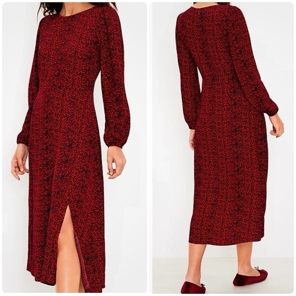 LOFT Dresses & Skirts - LOFT Leopard Animal Print Slit Midi Dress Long Sleeves Tango Red Holiday Dress✨